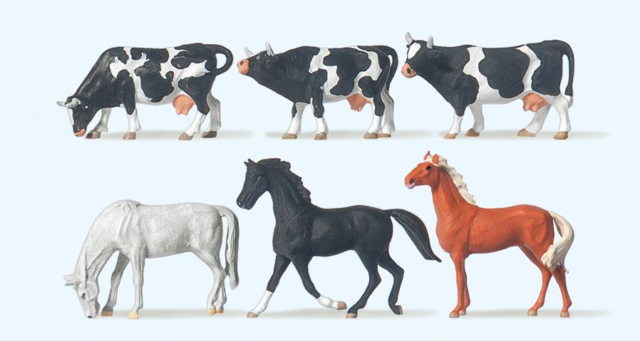 Preiser 75019 Horses (3) and Cows (3) Figure Set